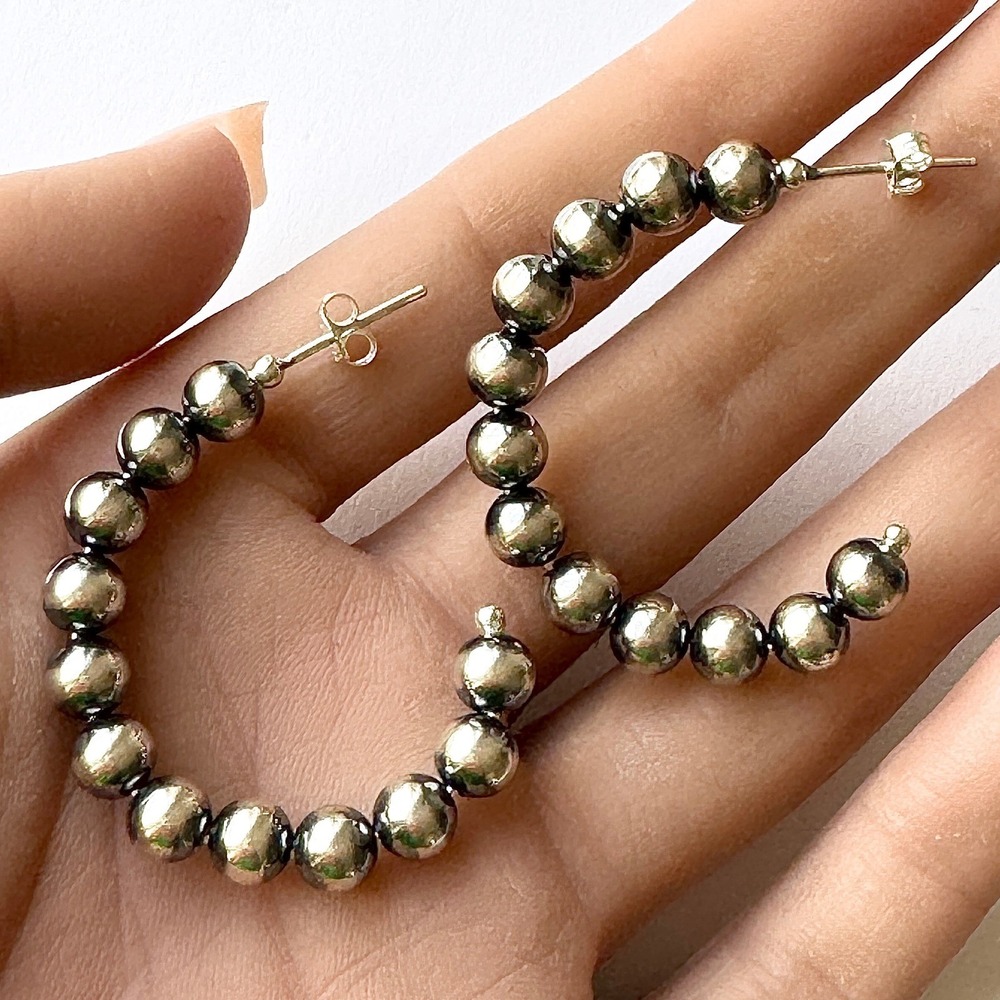 Navajo Pearl Hoop Earrings 1.5" Sterling Silver 6mm Bead Native American‎ - Picture 3 of 6